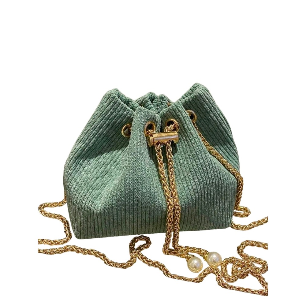 Sage‎ Green Corduroy Bucket Bag Gold Chain Pearl Drawstring Crossbody Purse